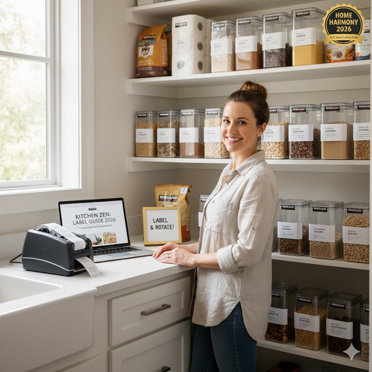 A 2026 organized pantry showing a woman using a high-tech label printer to create custom waterproof stickers for uniform glass jars filled with Kirkland bulk grains.