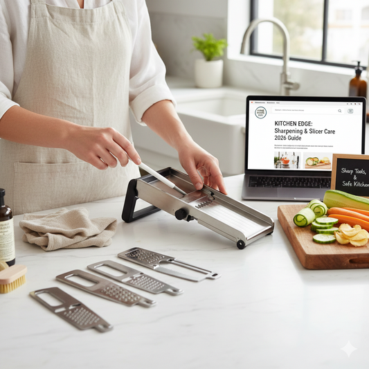 A 2026 home kitchen scene where a cook uses a diamond file to sharpen a stainless steel mandoline slicer next to freshly sliced cucumbers and carrots.