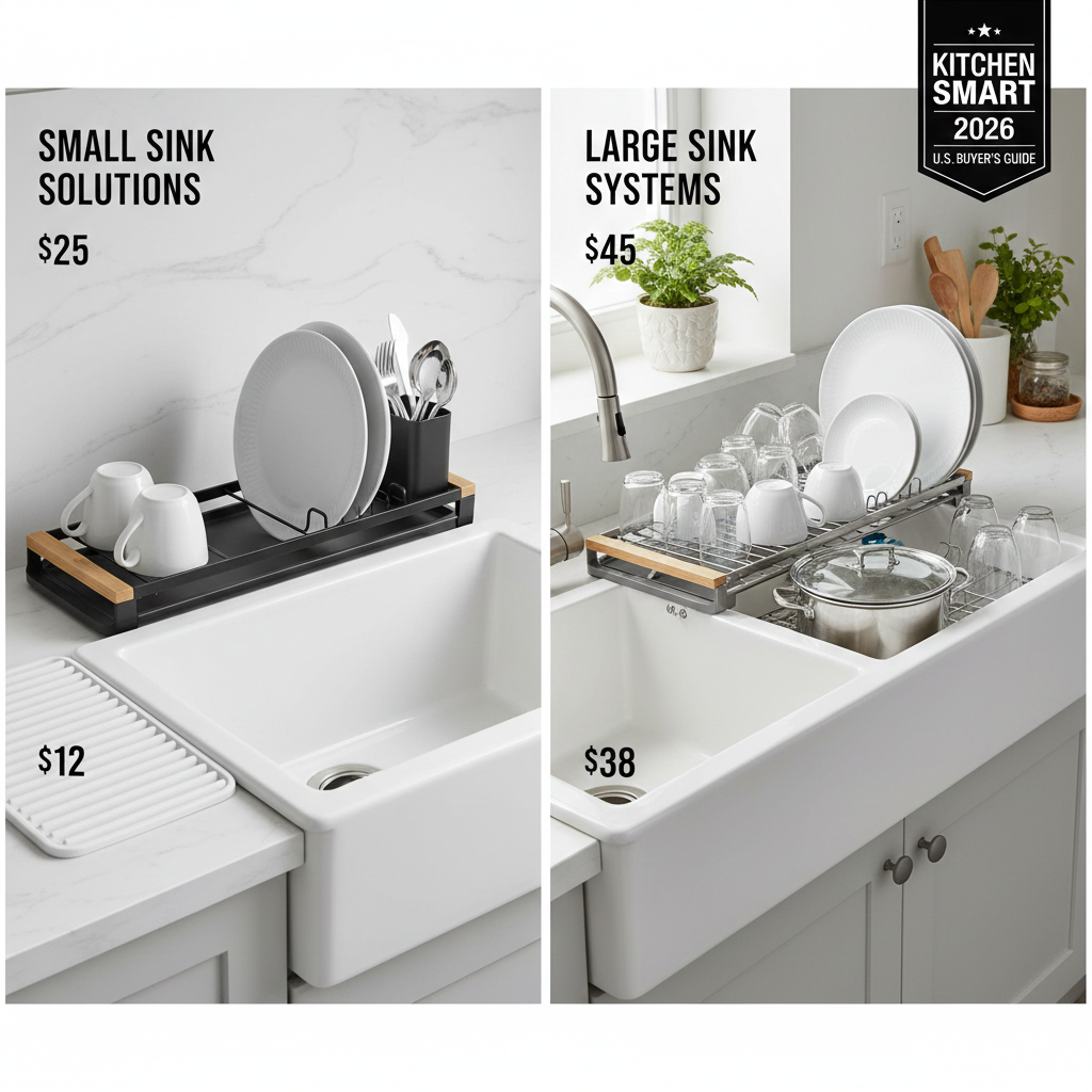 A side-by-side comparison of a compact black dish rack for small US sinks versus a large stainless steel over-the-sink drying system for farmhouse kitchens.