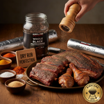 A seasoned rack of ribs and chicken legs being dusted with freshly ground Kirkland black peppercorns alongside BBQ dry rub ingredients.
