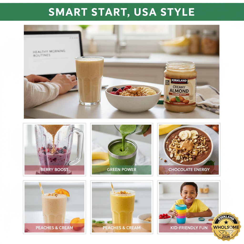 A collage of colorful morning smoothies made with Kirkland almond butter, featuring berry, tropical peach, and green power blends for a healthy start.