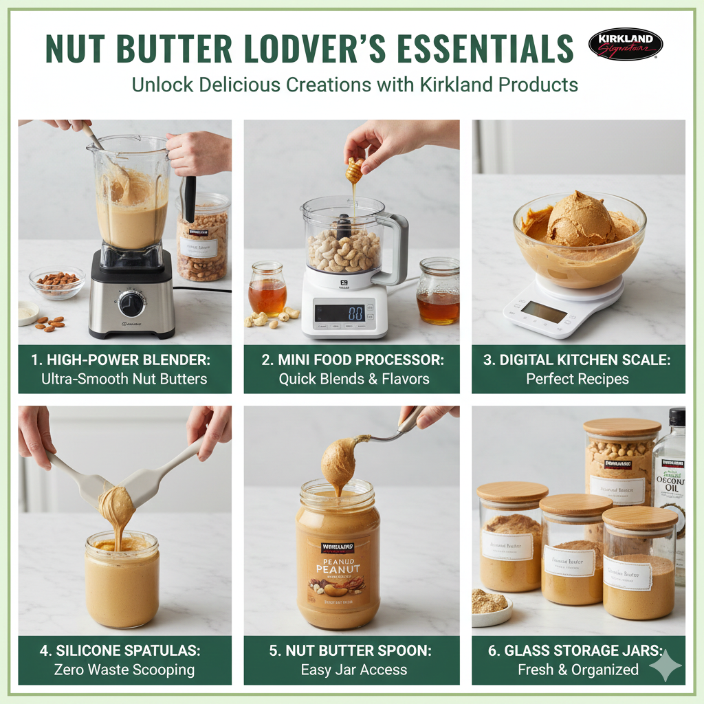 A high-speed blender filled with Kirkland Signature almonds being processed into smooth almond butter next to a long-handled jar scraper