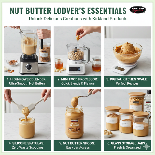 A high-speed blender filled with Kirkland Signature almonds being processed into smooth almond butter next to a long-handled jar scraper