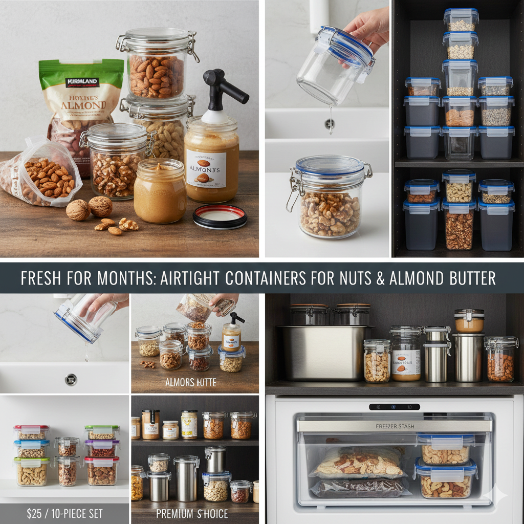 Airtight glass jars and stackable containers used for pantry organization and food freshness.