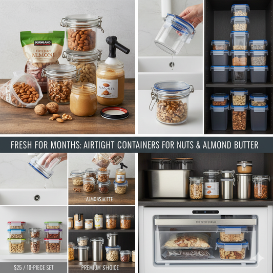 Airtight glass jars and stackable containers used for pantry organization and food freshness.