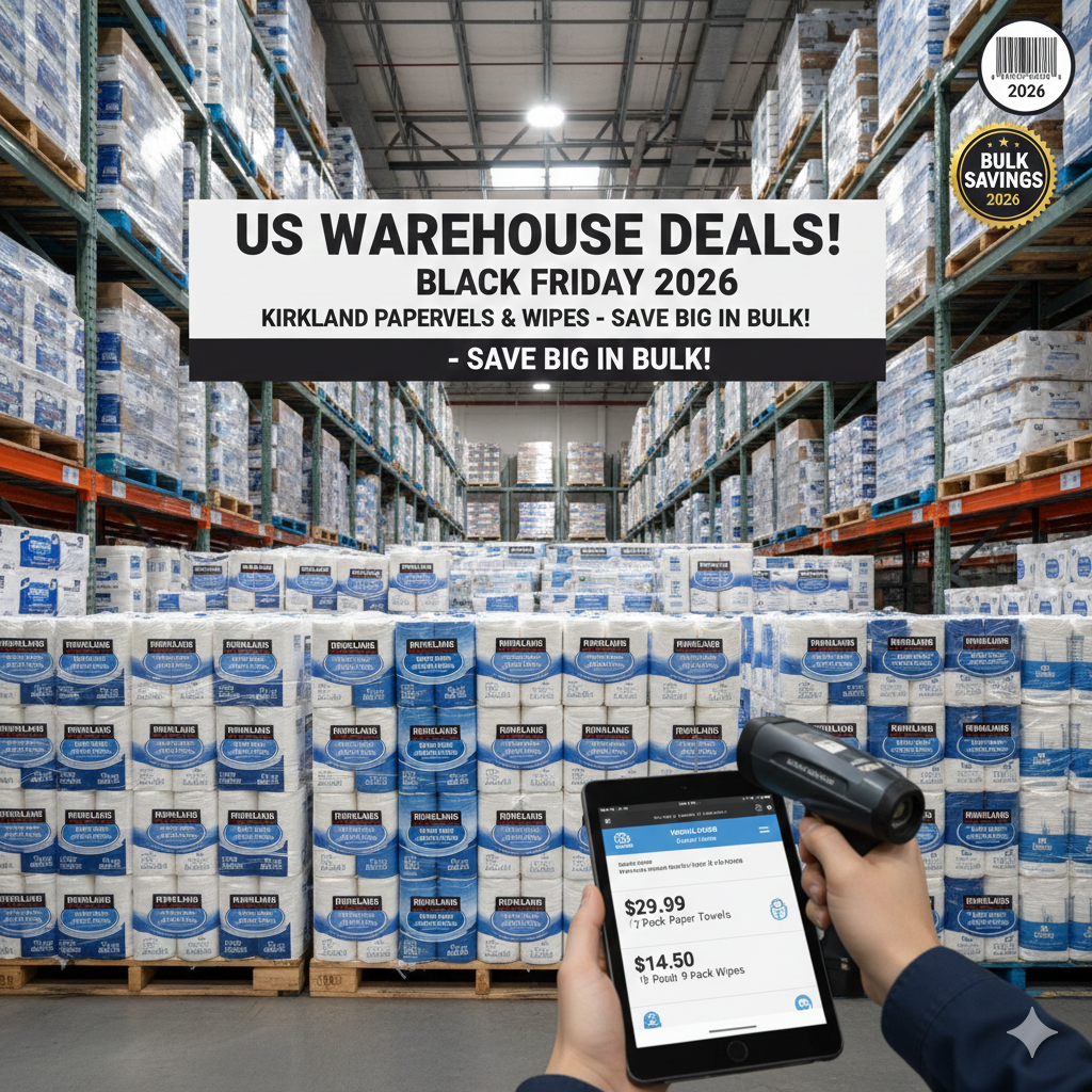 A vast US Costco warehouse aisle filled with stacks of Kirkland Signature paper towels and wipes, featuring a tablet displaying 2026 bulk pricing and a barcode scanner.