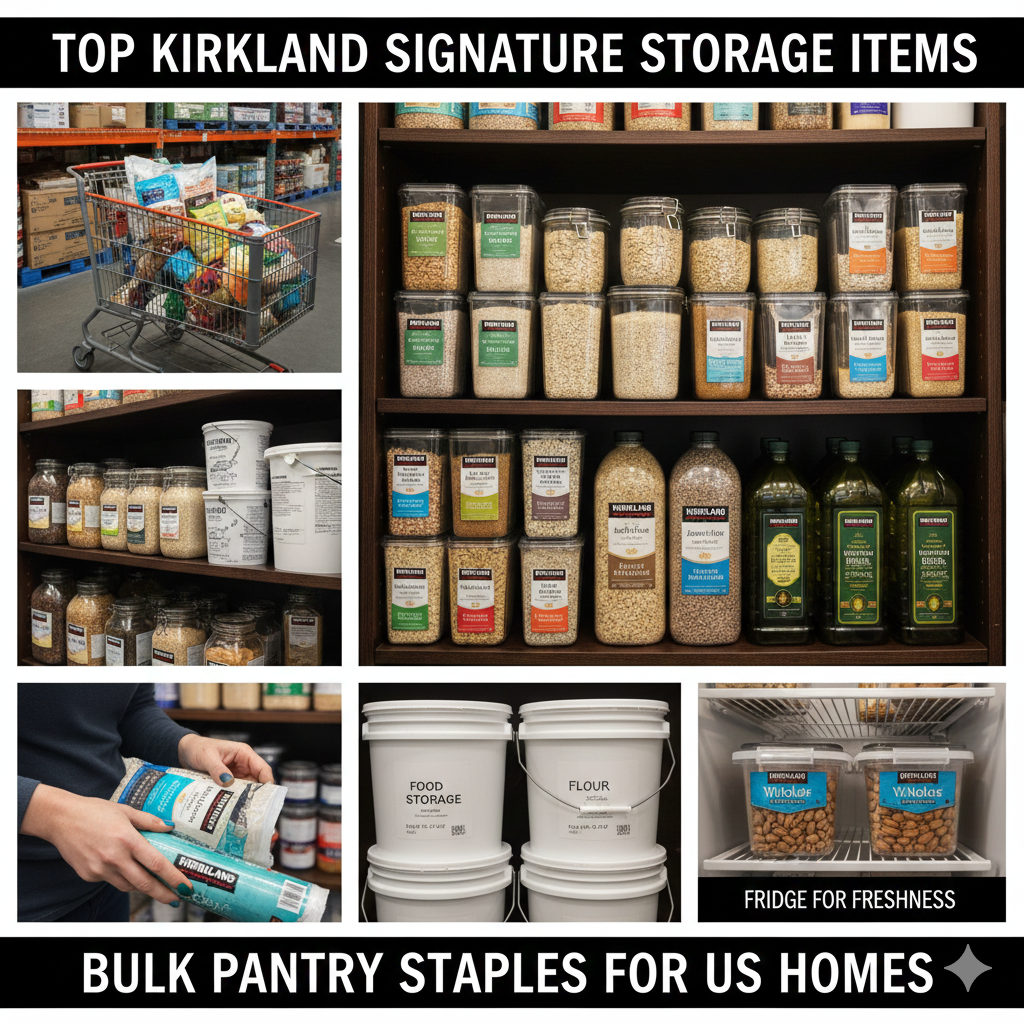 Bulk Kirkland Signature pantry staples organized in airtight glass and stackable containers