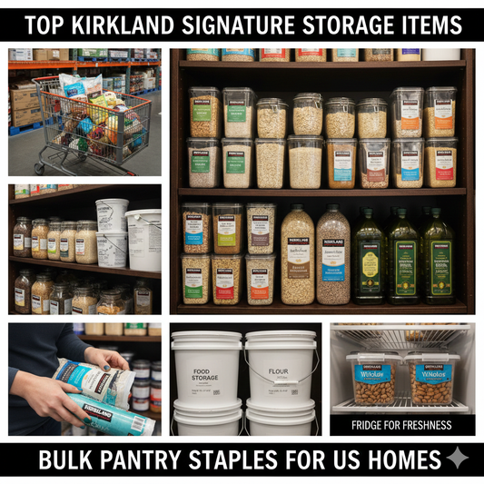 Bulk Kirkland Signature pantry staples organized in airtight glass and stackable containers