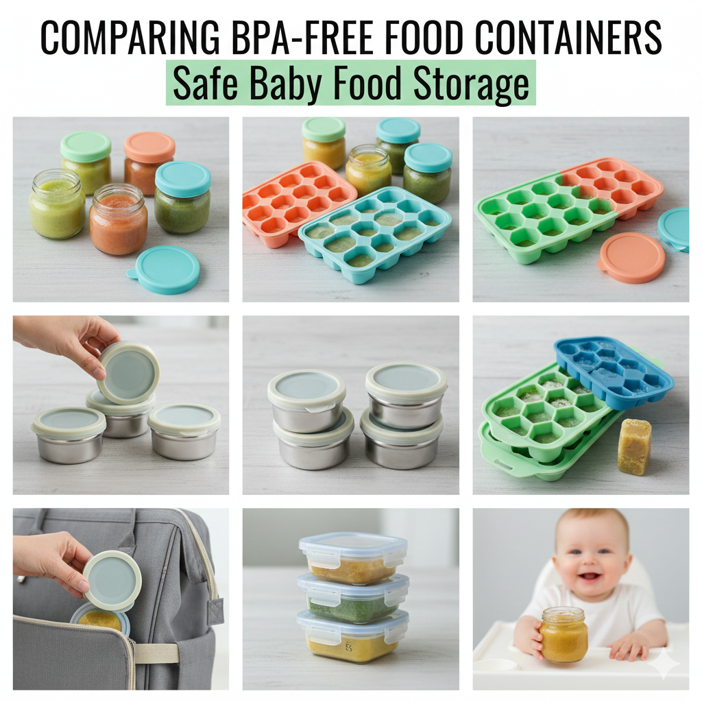 BPA-free glass and silicone baby food containers with colorful lids for safe puree storage