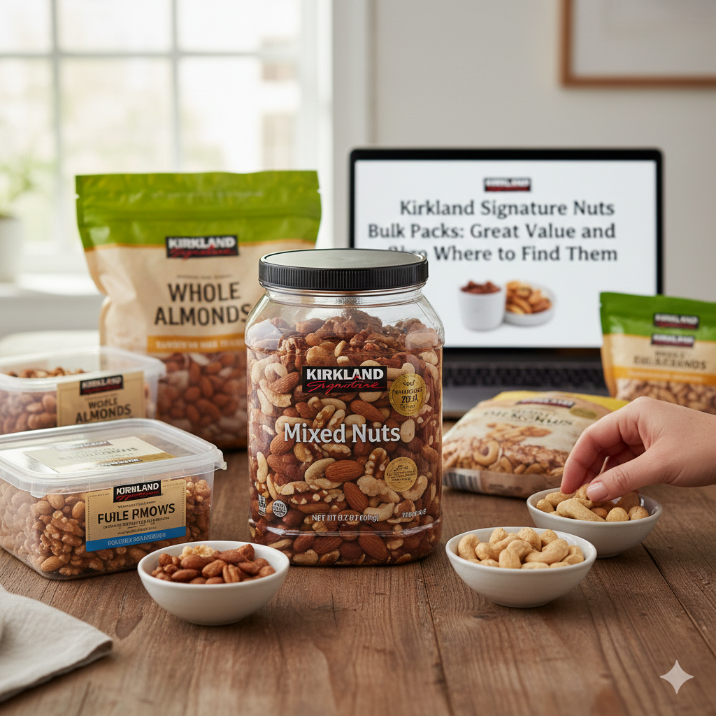 A variety of Kirkland Signature bulk nut packs, including Mixed Nuts and Whole Almonds, displayed with a price comparison guide on a laptop in a bright kitchen.