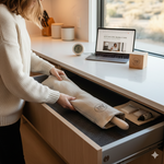A 2026 kitchen scene in a dry climate showing a marble rolling pin being placed into a protective cotton sleeve inside a temperature-stable interior drawer.