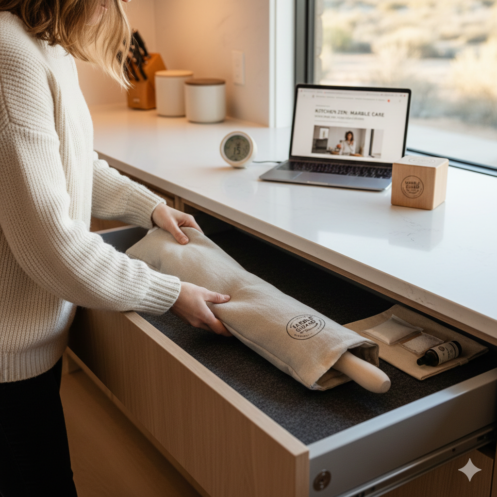 A 2026 kitchen scene in a dry climate showing a marble rolling pin being placed into a protective cotton sleeve inside a temperature-stable interior drawer.