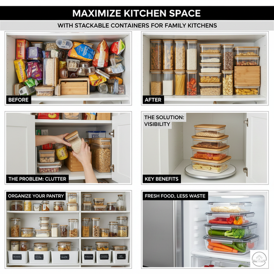 Airtight stackable food storage containers neatly organized in a modern kitchen pantry