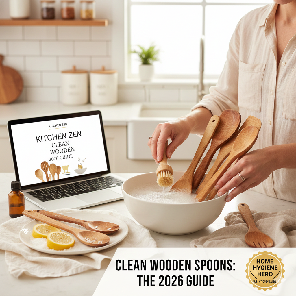 A 2026 home kitchen setup showing the proper sanitization of wooden spoons in a bowl of warm soapy water next to natural cleaning ingredients like lemons and salt.