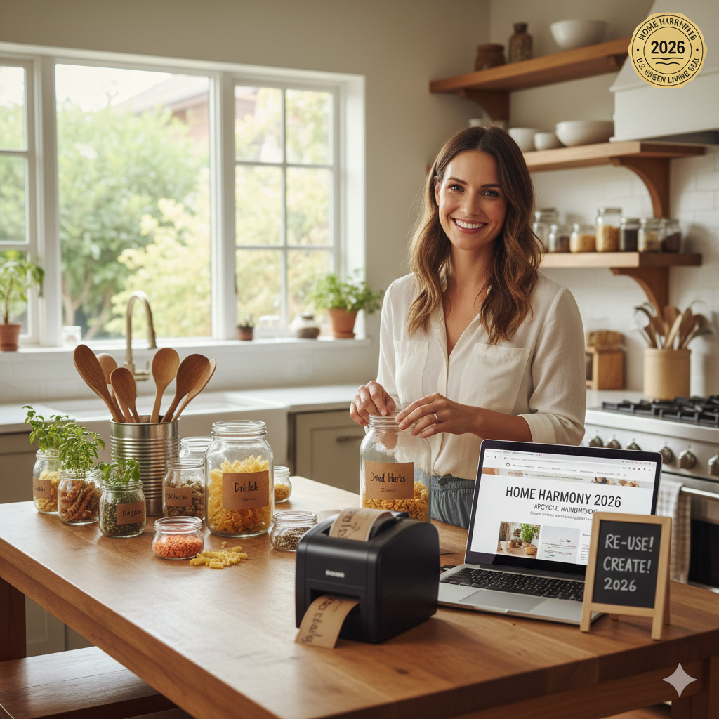 A 2026 sustainable kitchen scene featuring a woman in a denim shirt organizing a collection of upcycled glass jars filled with pasta and lentils on a wooden counter.