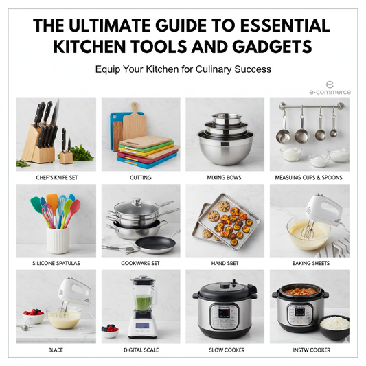 A collection of essential modern kitchen tools including a chef's knife, cast iron skillet, and digital scale on a clean countertop