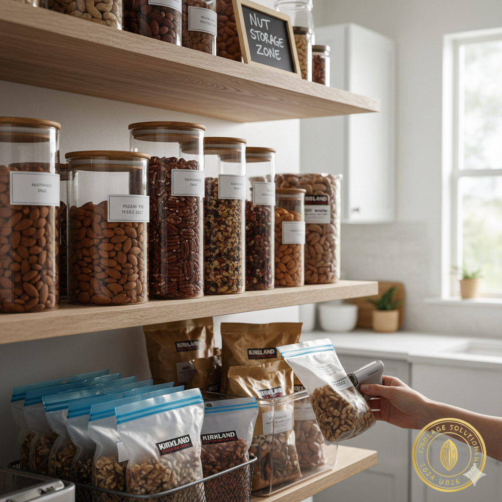 A well-organized kitchen pantry with Kirkland nuts stored in airtight glass jars and vacuum-sealed bags to preserve freshness.