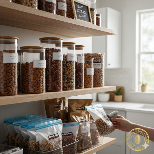 A well-organized kitchen pantry with Kirkland nuts stored in airtight glass jars and vacuum-sealed bags to preserve freshness.