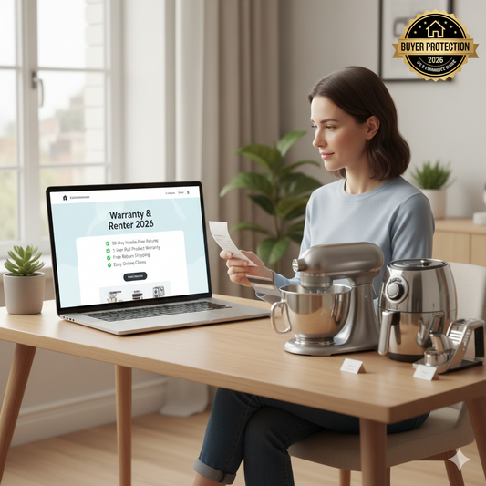 A 2026 consumer guide showing a woman reviewing kitchen accessory return policies on a laptop next to a stand mixer and air fryer.