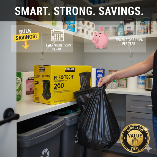 A organized home pantry shelf showing a bulk 200-count box of Kirkland Flex-Tech trash bags with icons highlighting cost savings and fewer store trips.