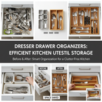 Organized kitchen drawer with adjustable bamboo and plastic utensil dividers.