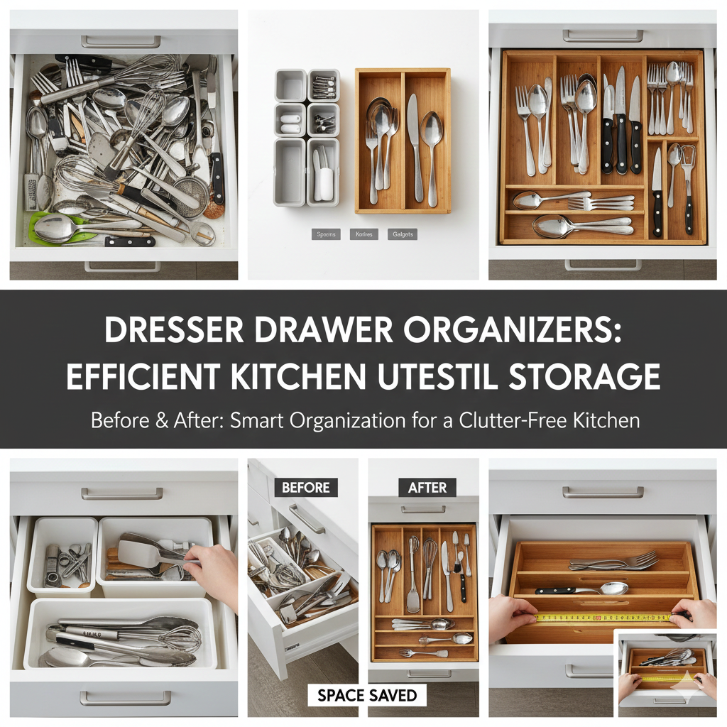 Organized kitchen drawer with adjustable bamboo and plastic utensil dividers.