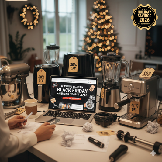 A modern kitchen counter showcasing a 2026 Black Friday laptop sale page surrounded by discounted air fryers, stand mixers, and espresso machines.