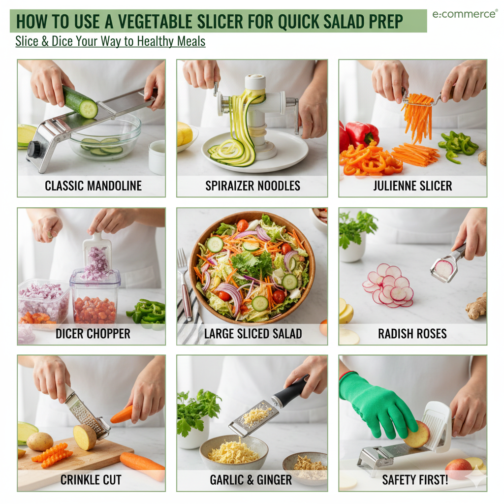 A person using a handguard to safely slice cucumbers on a mandoline slicer for a fresh garden salad