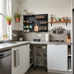 A small urban kitchen featuring vertical wall-mounted rails, magnetic knife strips, and tiered hanging baskets to save counter space