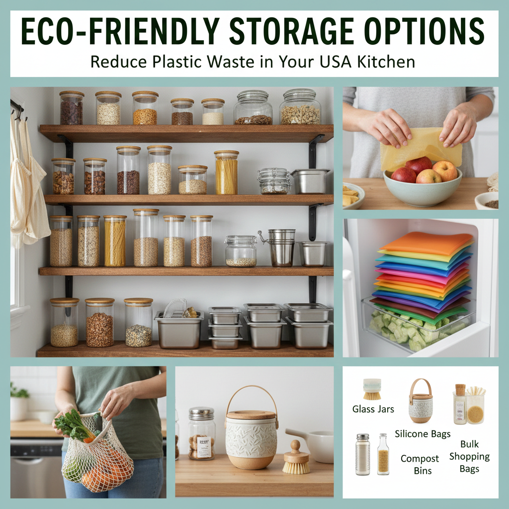 Eco-friendly kitchen storage featuring glass jars, beeswax wraps, and reusable silicone bags on a wooden counter