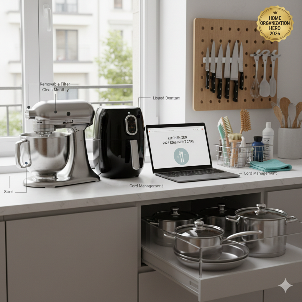 A 2026 organized kitchen counter with a stand mixer, air fryer, and a pegboard for knife storage, featuring a digital guide for monthly equipment maintenance.