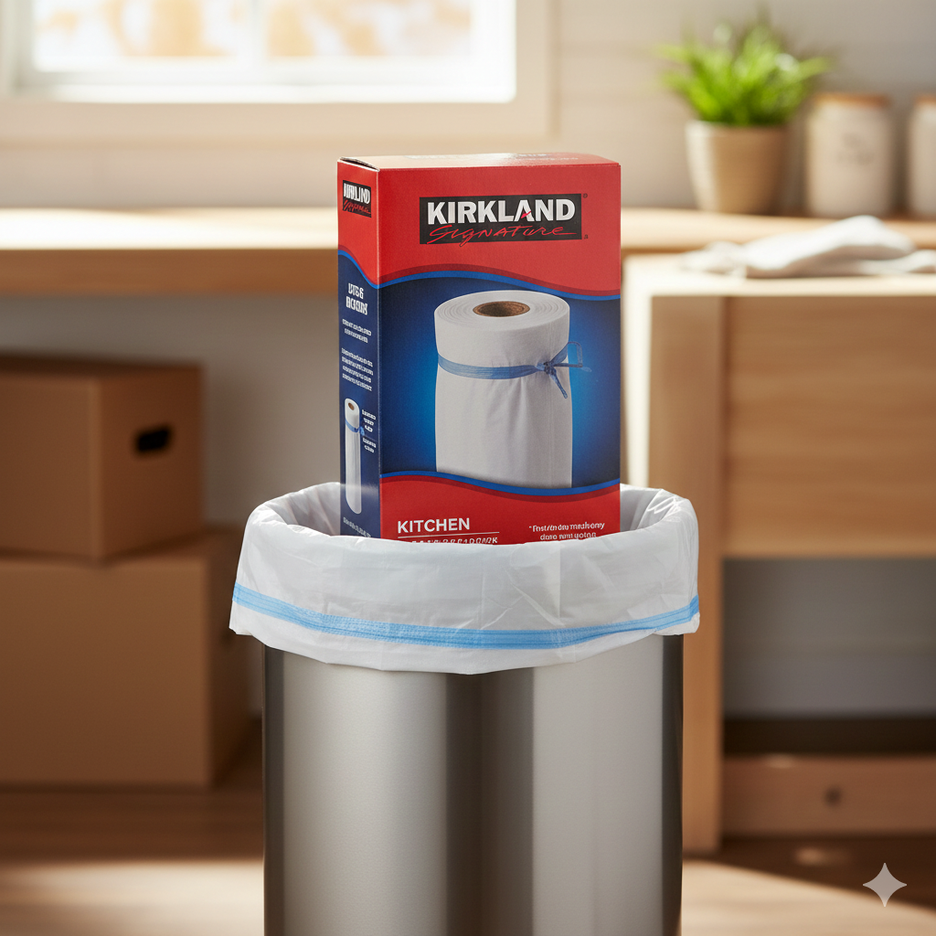 A box of Kirkland Signature Flex-Tech 13-gallon kitchen trash bags next to an organized kitchen bin