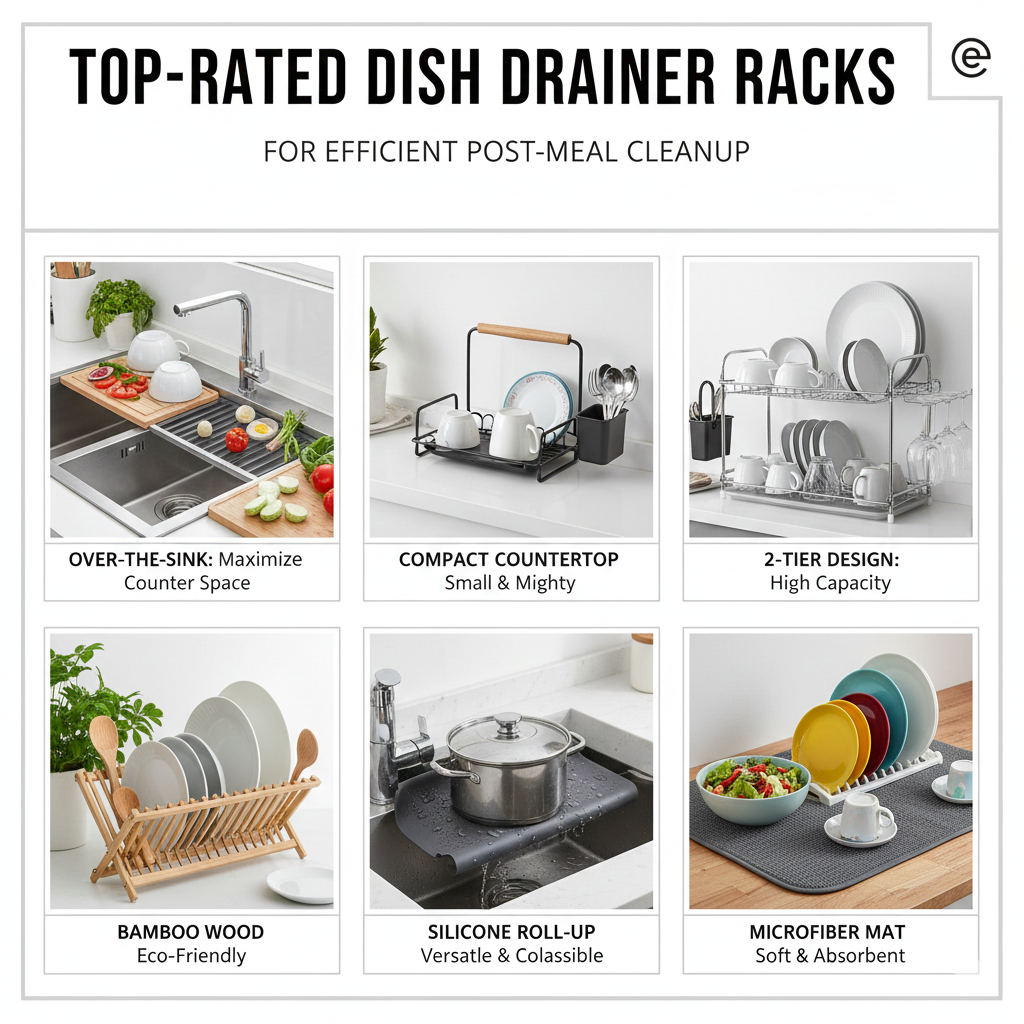 A sleek stainless steel dish drainer rack with a swivel drainage spout sitting on a clean kitchen counter next to the sink