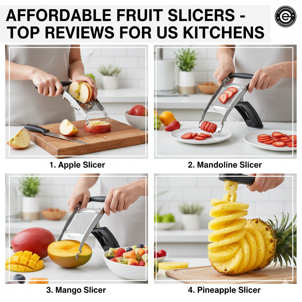A red Dash Safe Slice Mandoline being used to slice a green apple on a white kitchen counter, showing the safety-first upright design