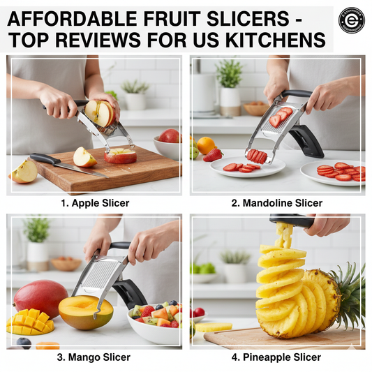 A red Dash Safe Slice Mandoline being used to slice a green apple on a white kitchen counter, showing the safety-first upright design