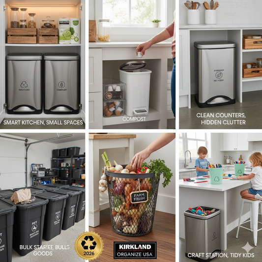A collage showing Kirkland wastebaskets used for recycling, pet food storage, and a craft station to keep kitchen counters clean and organized.