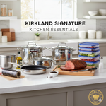A clean, modern kitchen counter featuring Kirkland Signature olive oil, stainless steel pots, bulk spices, and fresh meal prep containers.