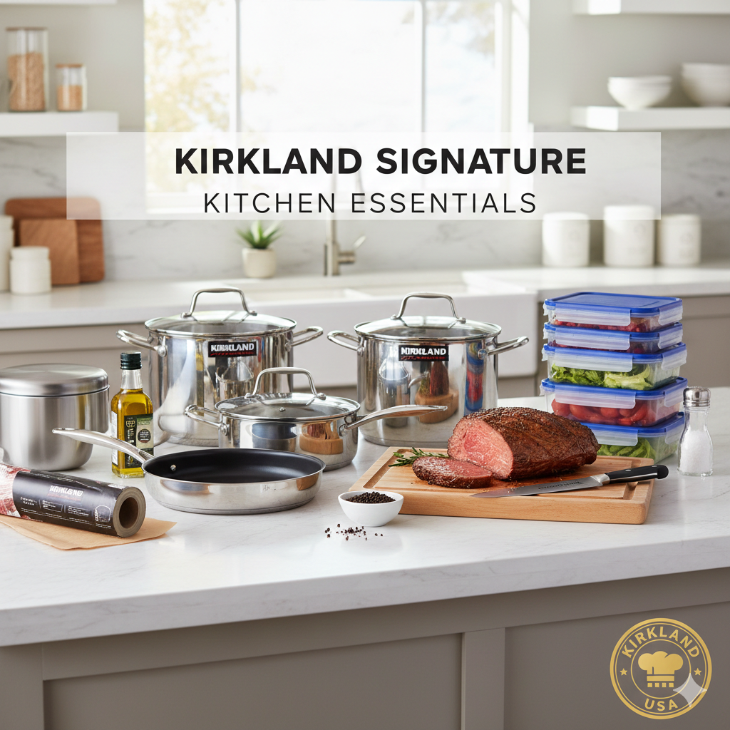 A clean, modern kitchen counter featuring Kirkland Signature olive oil, stainless steel pots, bulk spices, and fresh meal prep containers.