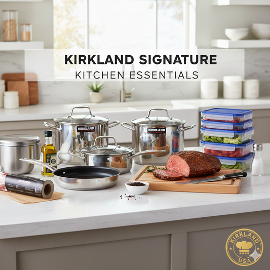 A clean, modern kitchen counter featuring Kirkland Signature olive oil, stainless steel pots, bulk spices, and fresh meal prep containers.