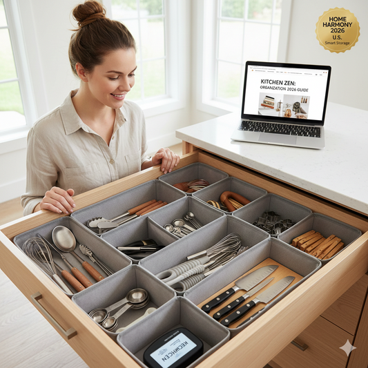 A 2026 organized kitchen drawer featuring modular grey fabric bins and bamboo dividers that separate cutlery, whisks, and chef knives for a clutter-free layout.