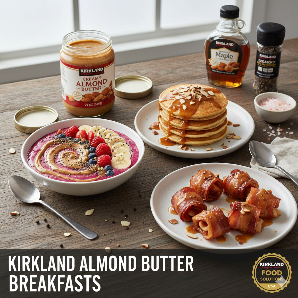 A delicious breakfast spread featuring almond butter pancakes, a vibrant berry smoothie bowl, and bacon-wrapped apple slices with Kirkland almond butter.