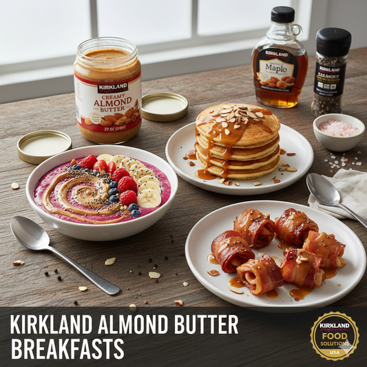 A delicious breakfast spread featuring almond butter pancakes, a vibrant berry smoothie bowl, and bacon-wrapped apple slices with Kirkland almond butter.