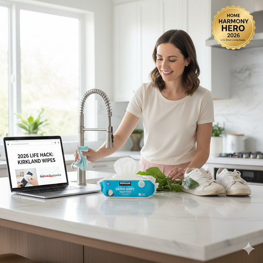 A 2026 lifestyle image showing a pack of Kirkland Ultra-Soft baby wipes on a marble counter being used to clean a kitchen faucet and white sneakers instead of a nearby laptop.
