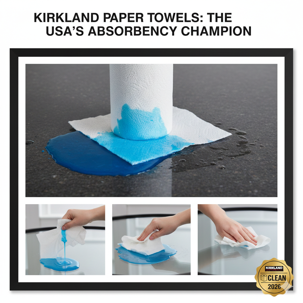 A side-by-side absorbency test showing a Kirkland Signature paper towel and a leading brand soaking up blue liquid on a dark kitchen countertop.