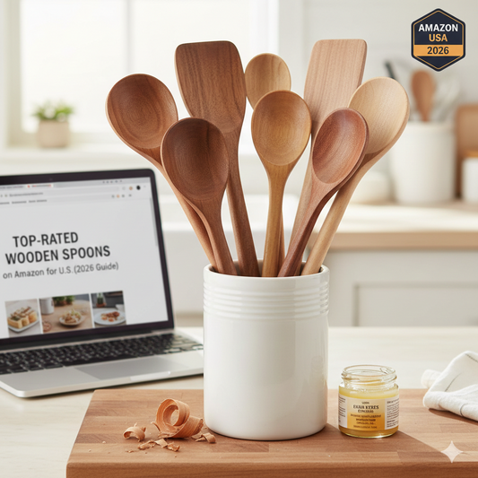 A curated collection of top-rated teak and olive wood spoons in a ceramic crock, featured alongside a 2026 Amazon U.S. buyer's guide on a laptop.