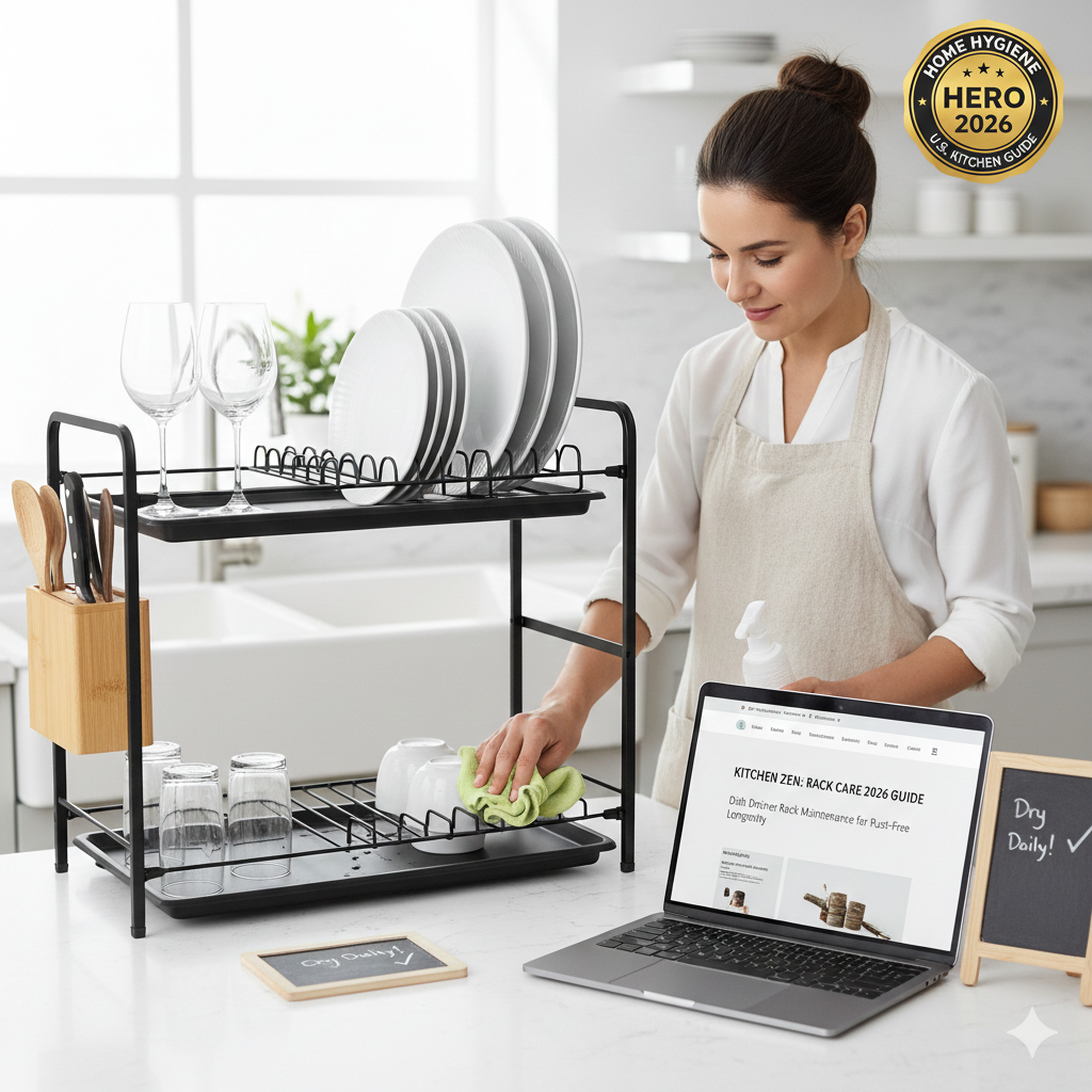 A 2026 home kitchen scene where a woman is cleaning a black metal dish drainer rack with a spray bottle and cloth, next to a laptop displaying a cleaning guide.