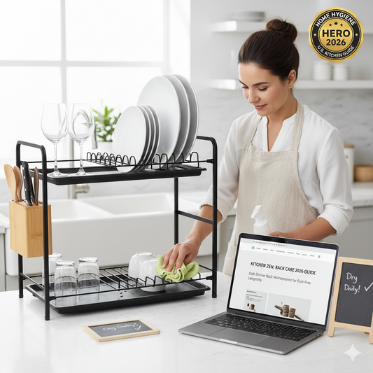 A 2026 home kitchen scene where a woman is cleaning a black metal dish drainer rack with a spray bottle and cloth, next to a laptop displaying a cleaning guide.