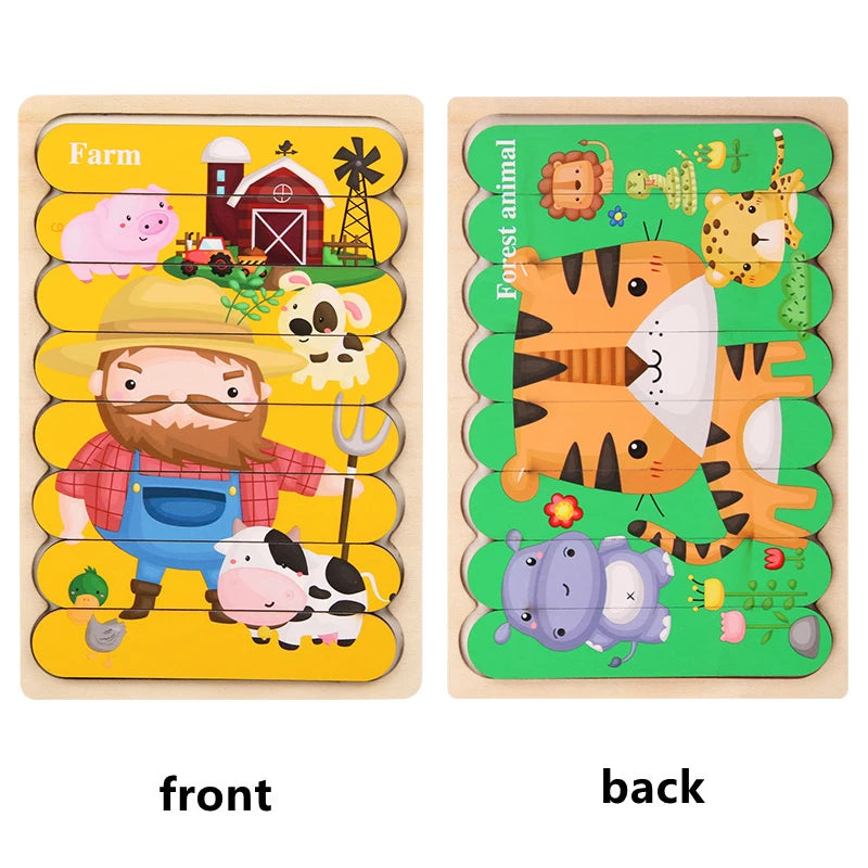 Kids New Wooden Two-sided Strip 3D Puzzles Wood Vehicle Fruit Jigsaw Puzzle Toy for Children Baby Learning Educational Toys Gift