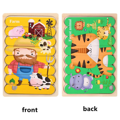 Kids New Wooden Two-sided Strip 3D Puzzles Wood Vehicle Fruit Jigsaw Puzzle Toy for Children Baby Learning Educational Toys Gift