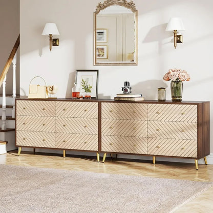 Large Wooden Dresser with Chevron Design – Dual 6-Drawer Storage Cabinet with Gold Handles